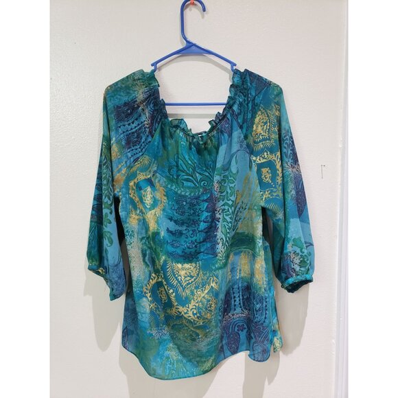 Chaps blue teal paisley sheer top, pullover, blouse, size L - Picture 4 of 4